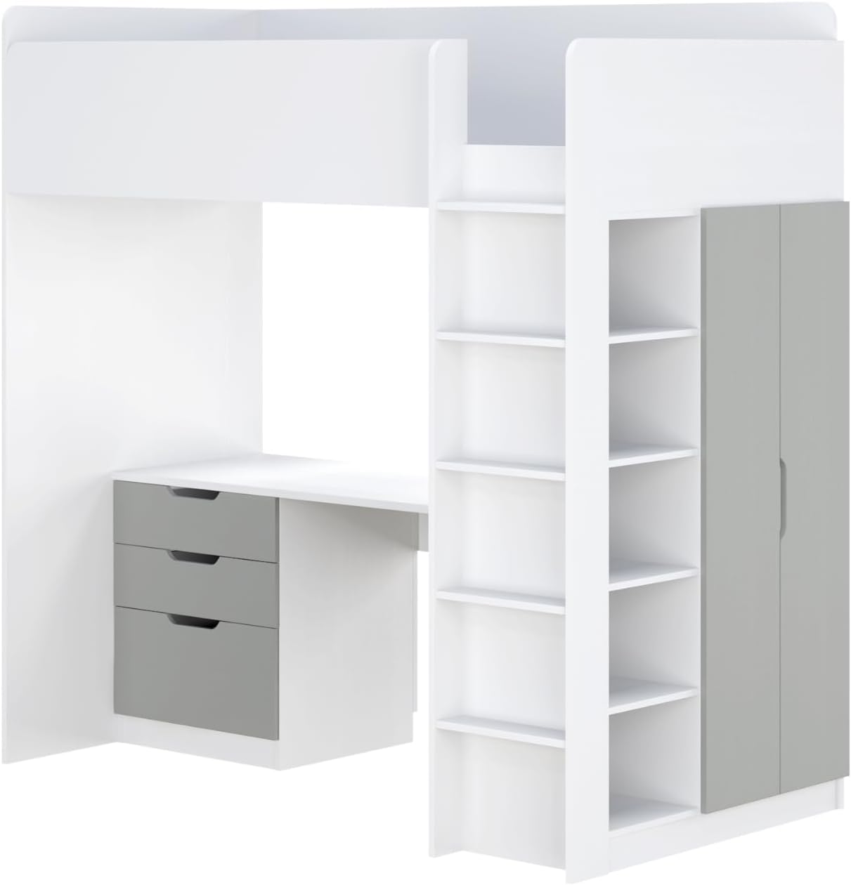 Shefa Kids Hochbett Mit Schreibtisch - Platzsparendes 5-in-1 Hochbett Kinder Mit Treppe, Kleiderschrank, Regal & Arbeitsbereich - Grau, Belastbar Bis 90 Kg, Maße: 206 x 107 cm