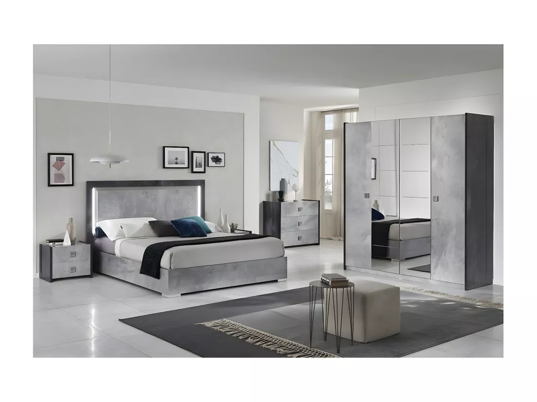 HYDE - Chambre Complète 140x190cm Gris Effet Pierre avec Leds