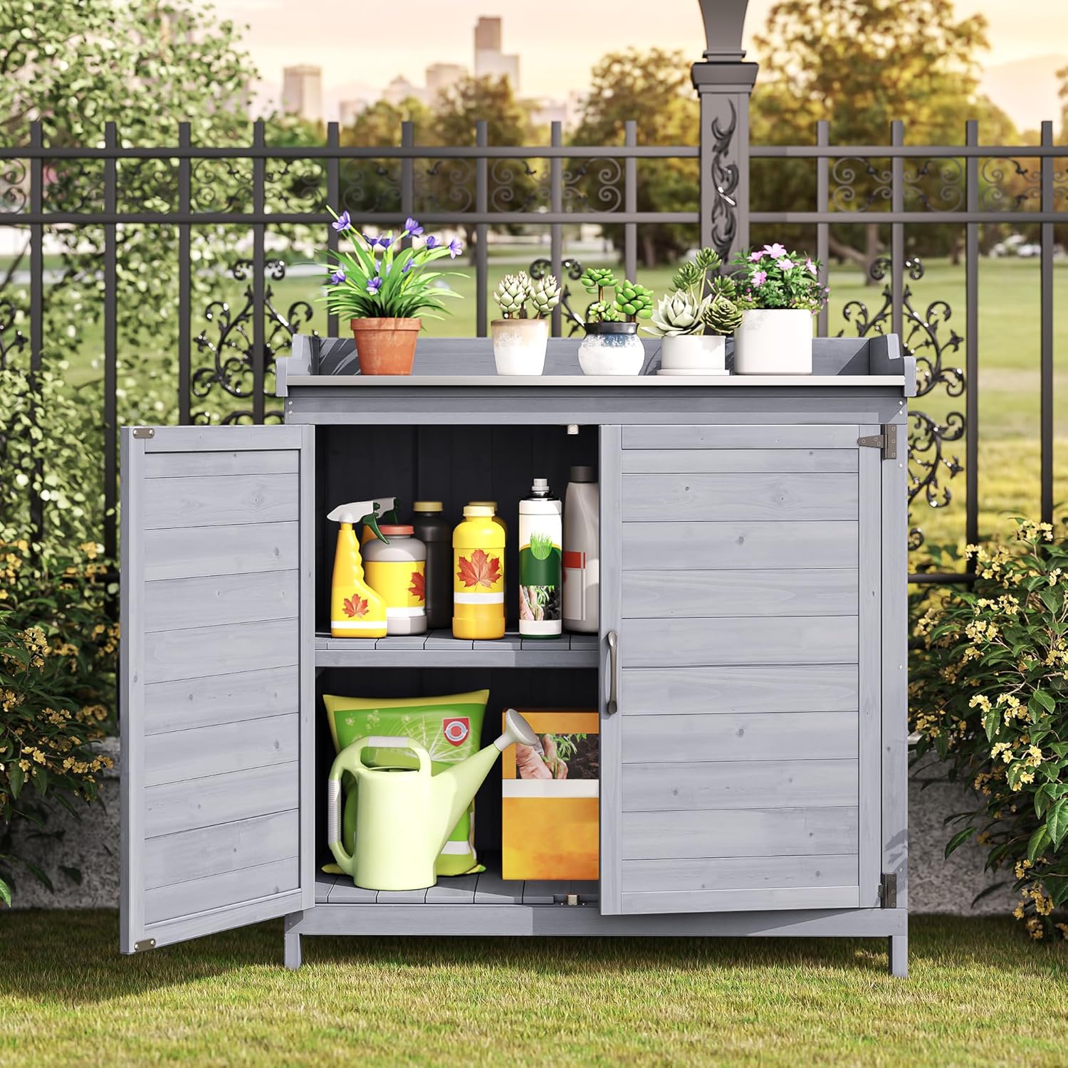 Bealife Pflanztisch mit Unterschrank, Gartenschrank mit Arbeitsplatte mit 1 Bewegbarer Einlegeboden für den Innen- und Außenbereich (Grau, 48T x 98B x 95H)
