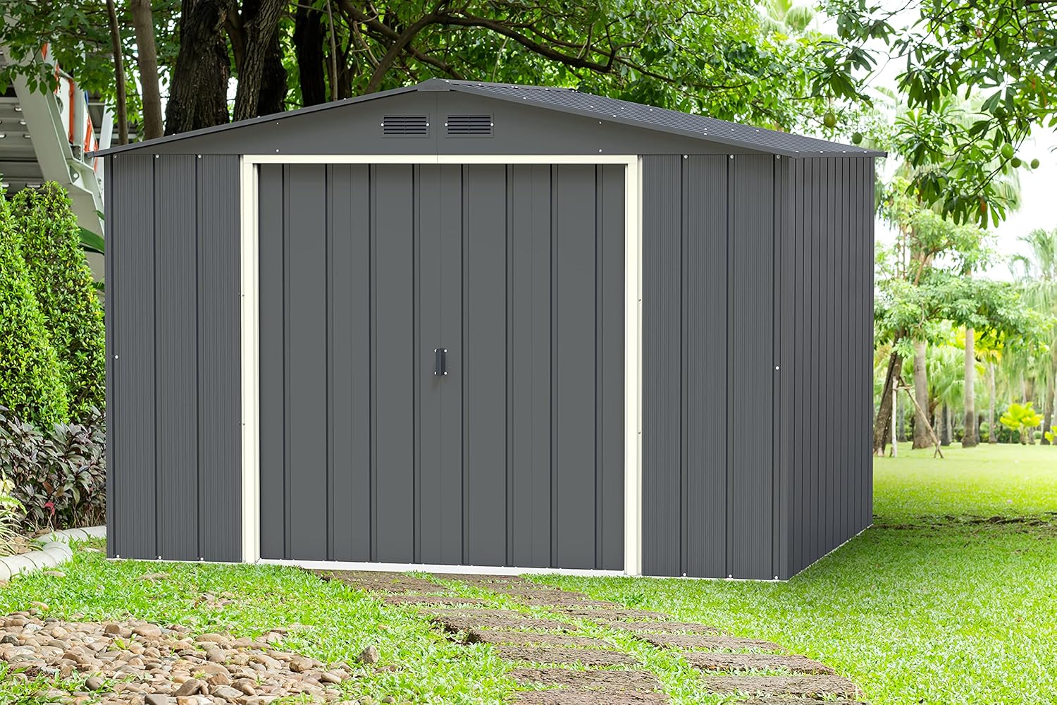 Duramax ECO 10 x 8 (7.28 m²) Abri de Jardin en Métal Galvanisé à Chaud, Abri de Stockage d'Outils, Structure de Toit Renforcée, Abri en Métal Sans Entretien, Anthracite