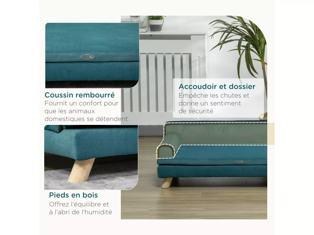 Canapé chien lit pour chien design scandinave coussin moelleux piètement bois dim. 100L x 62l x 32H cm polyester bleu canard