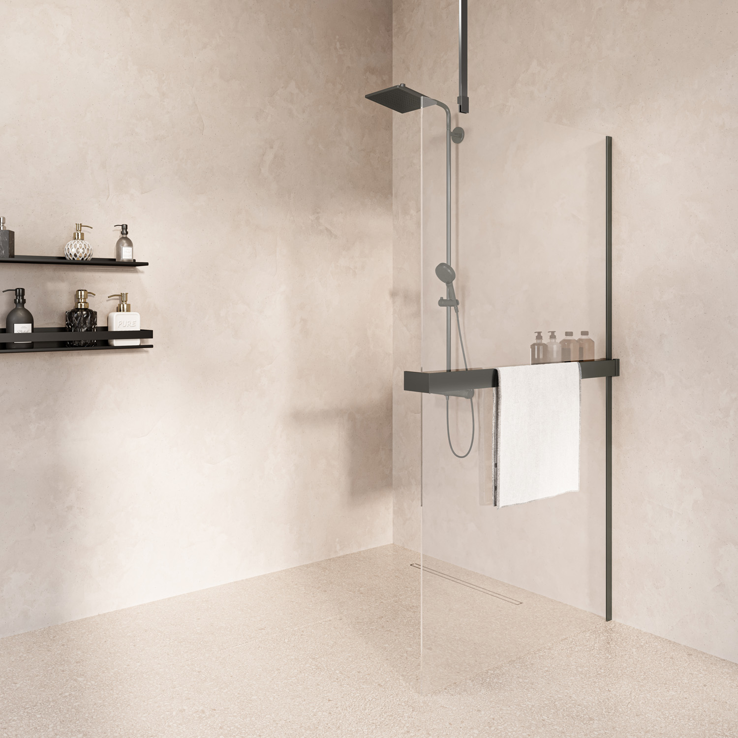 Saniclear Bright inloopdouche 90cm met handdoekhouder en helder glas verouderd ijzer - gunmetal