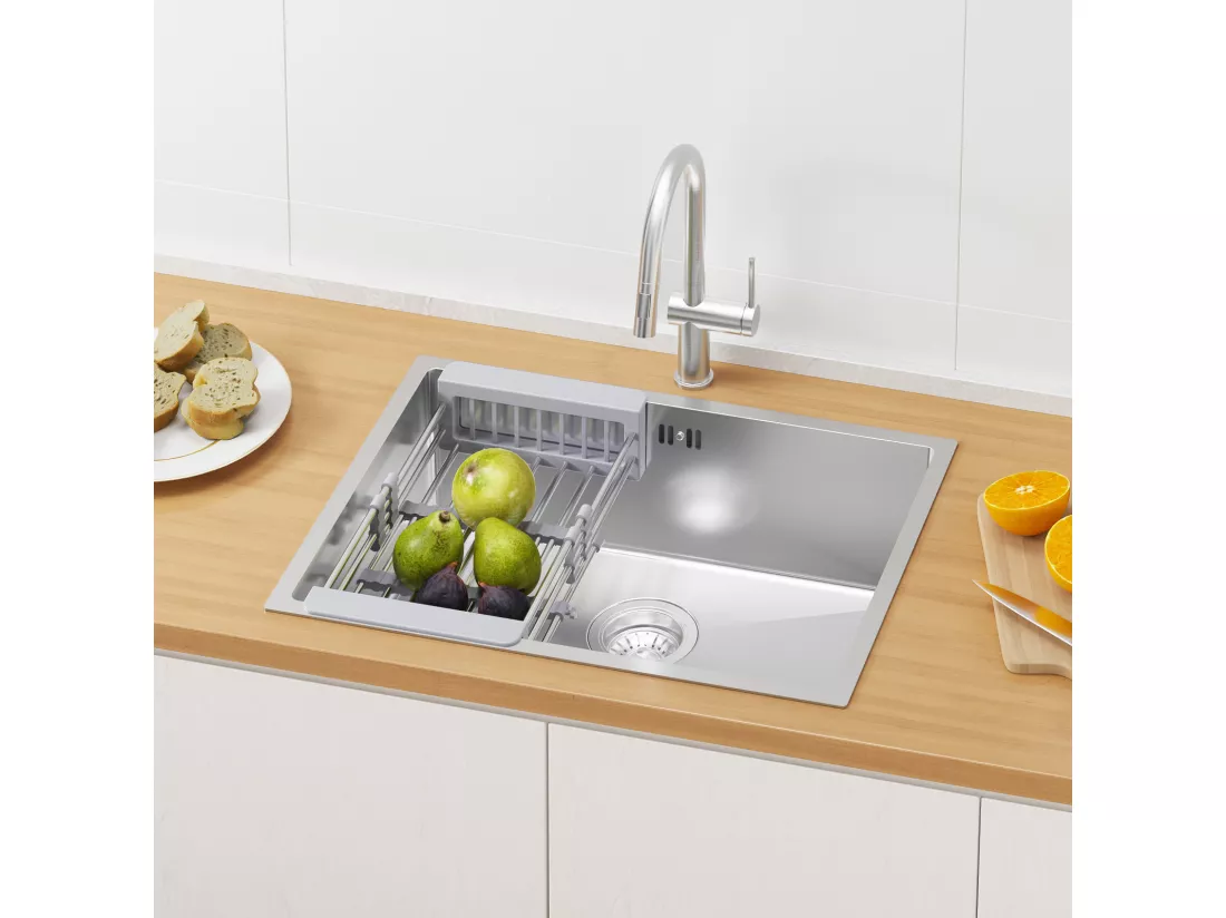 Auralum max Évier de Cuisine 1 Bac 60*44*20CM,Évier 1 Cuve en Acier inoxydable 304,Évier à Encastrer/sous-plan avec Panier de Drainage,Nano Silver