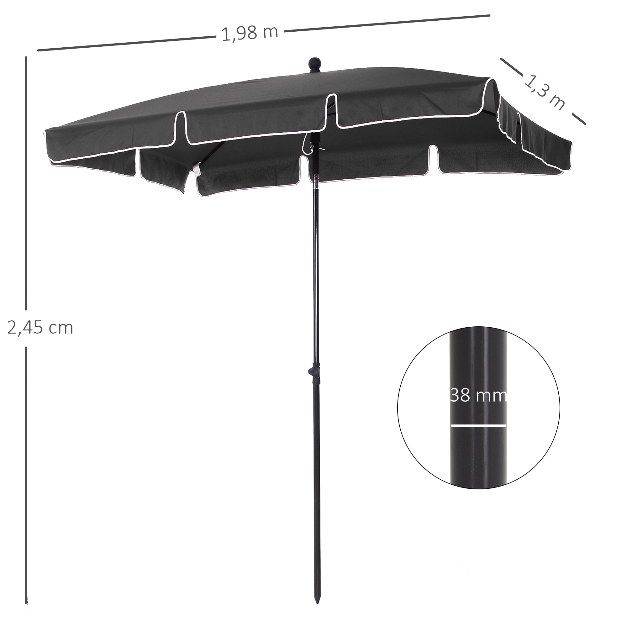 Guarda-sol de jardim retangular Outsunny em alumínio, 198x130x245 cm, com função de inclinação, para terraço, pátio e áreas externas, cor cinza.