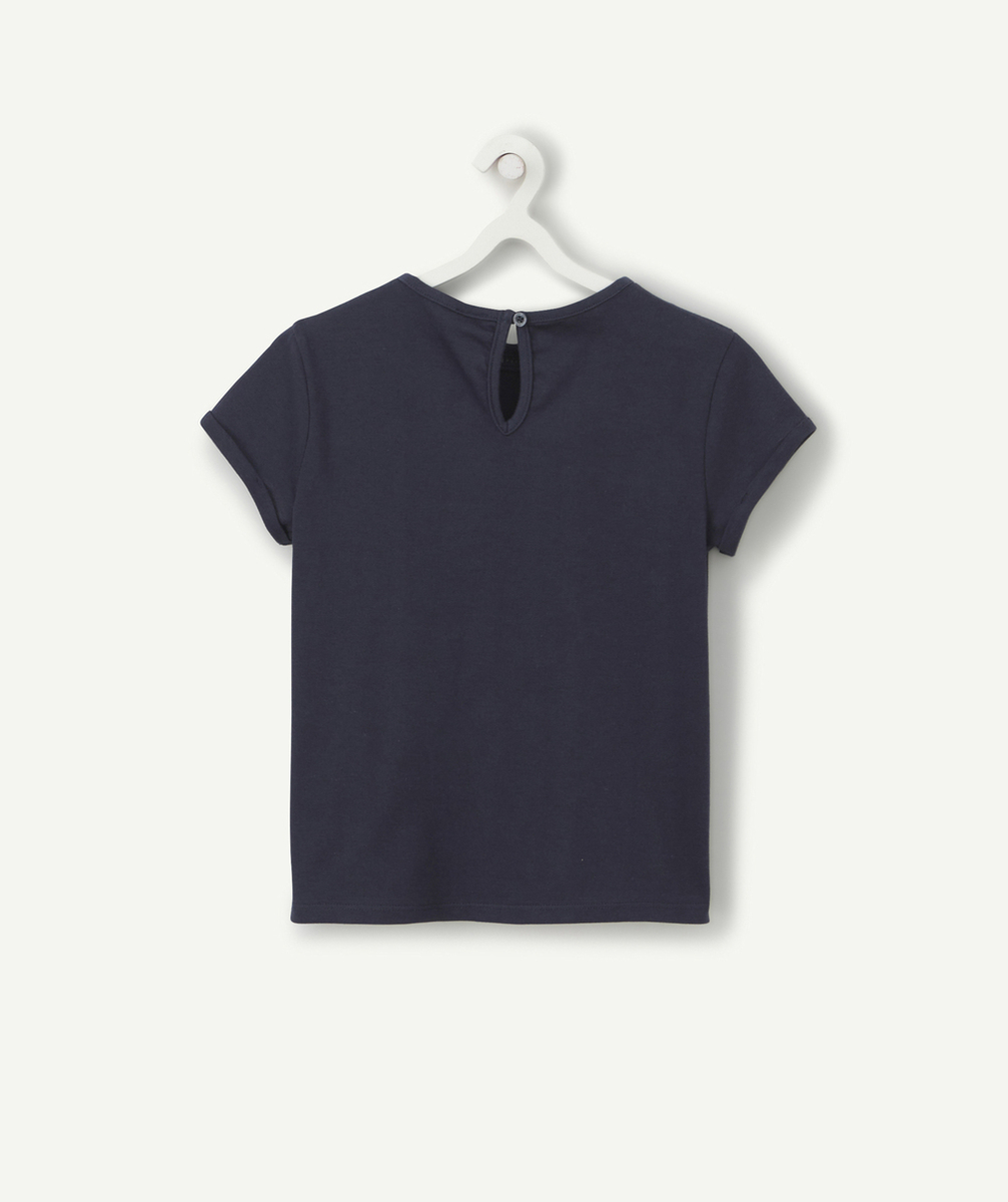 T-SHIRT BLEU FILLE EN COTON BIO AVEC DÉTAILS AJOURÉS