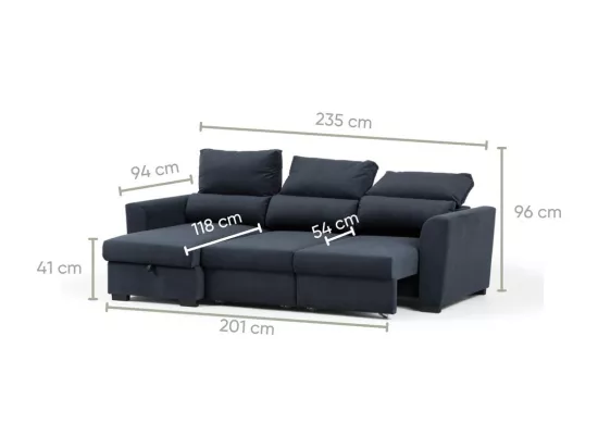 Canapé méridienne 3 places réversible en polyester gris foncé