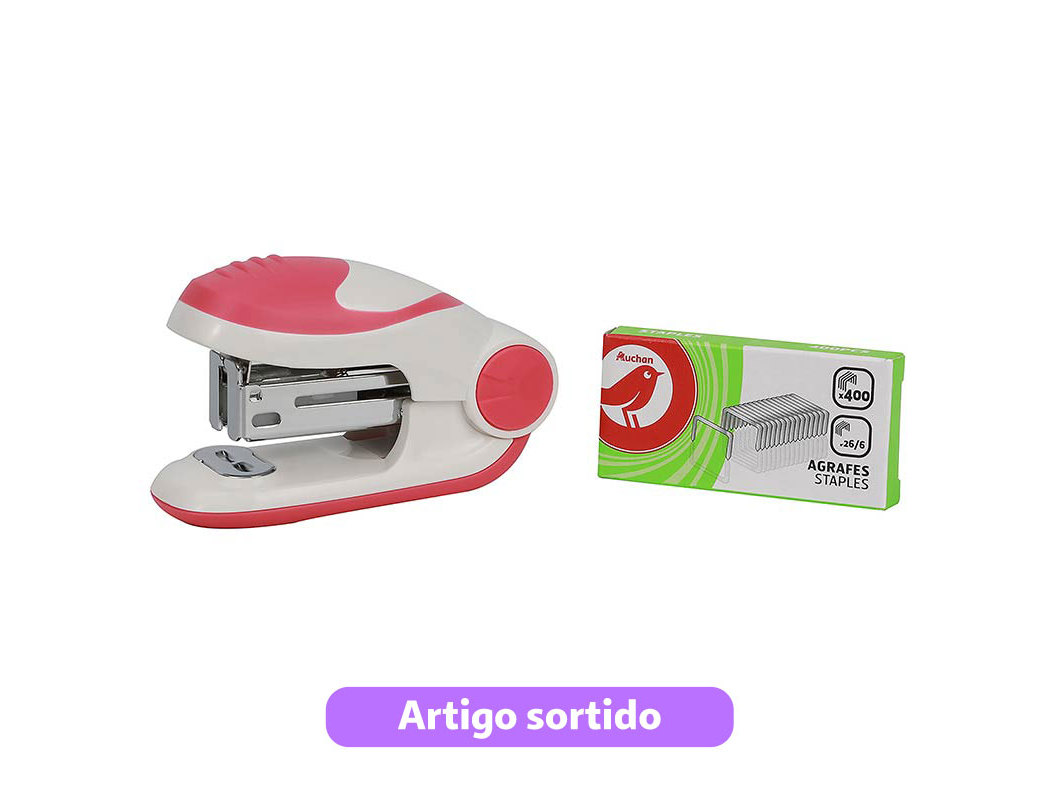 CONJUNTO DE MINI AGRAFADOR 24/6-26/6 AUCHAN E CAIXA COM 400 AGRAFOS CORES SORTIDAS