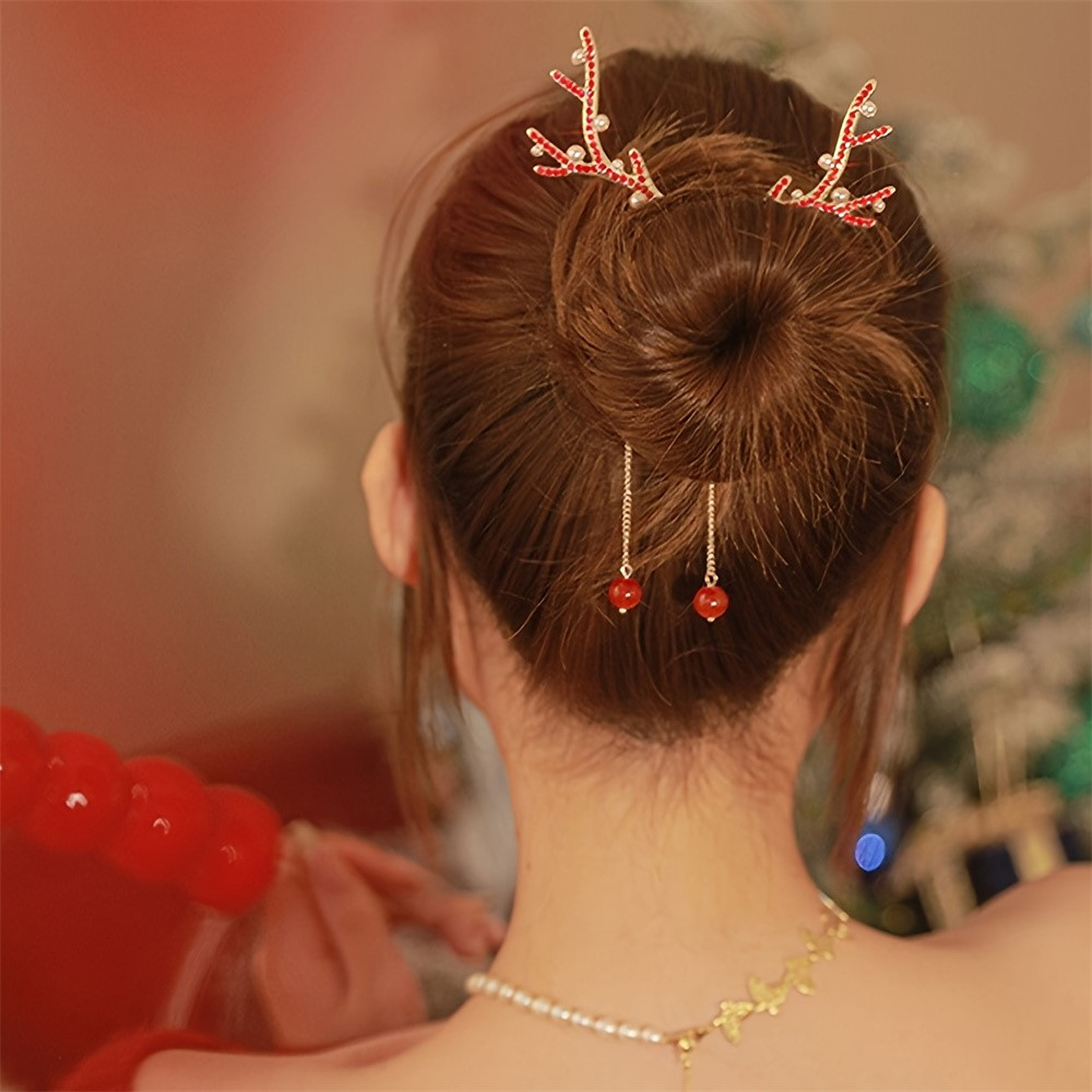 (105x95mm) Haarklammer Rentier Geweih Strass Krallen Clip Dutt Accessoire mit Anhänger - Silber / Rot