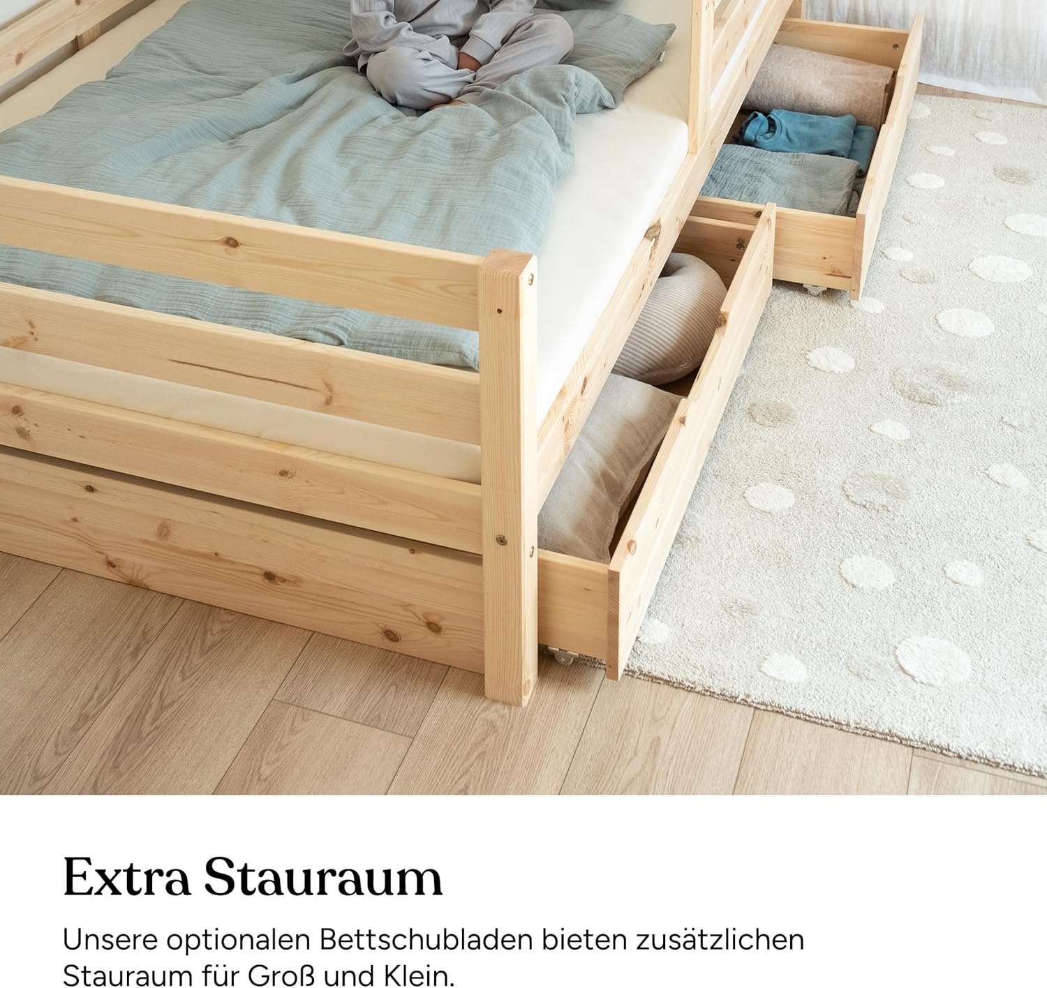 Ehrenkind® Kinderbett Sona mit Doppelschublade aus massivem Kiefernholz Weiß 120x200 cm