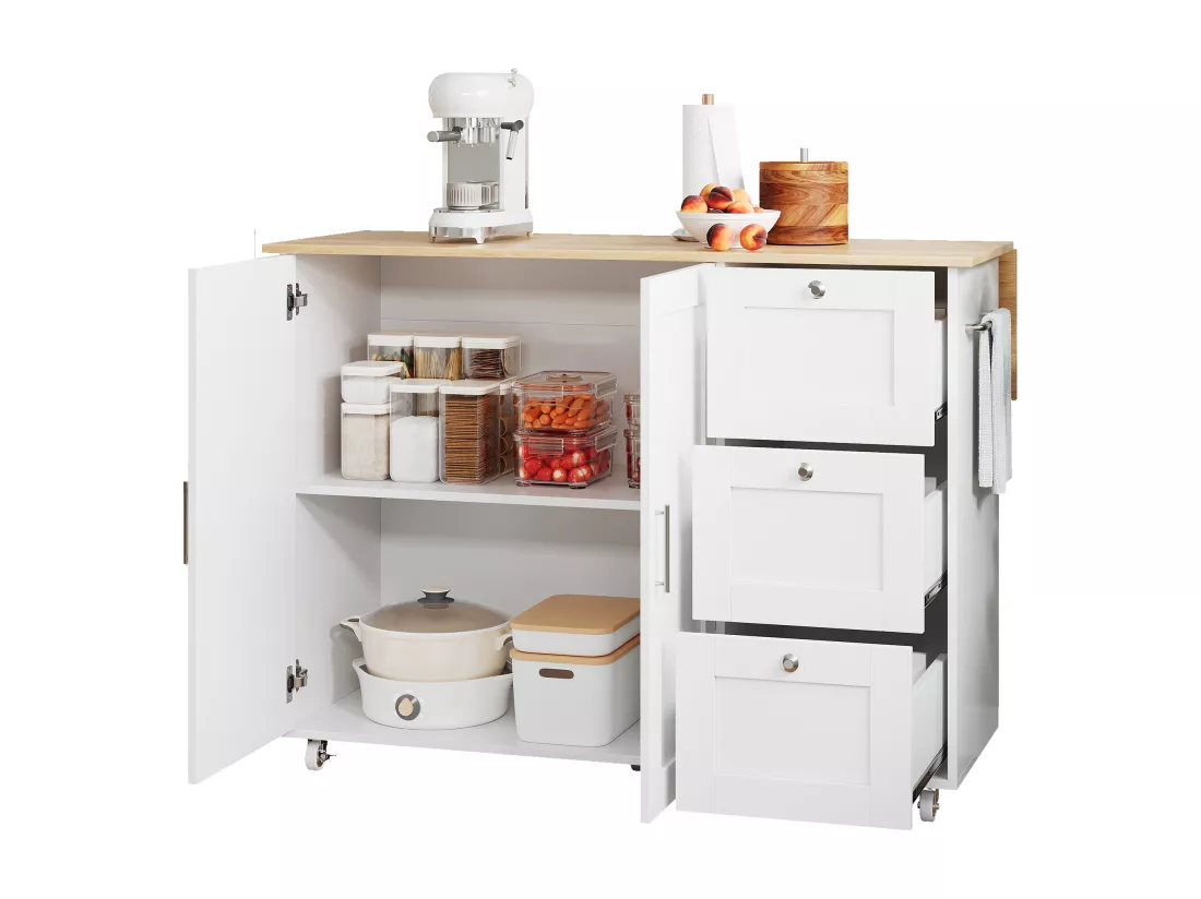 Ilot central de cuisine mobile avec 2 portes et 3 tiroirs - Plateau extensible - 135x44(70)x90 cm - Bois MDF - Blanc et naturel