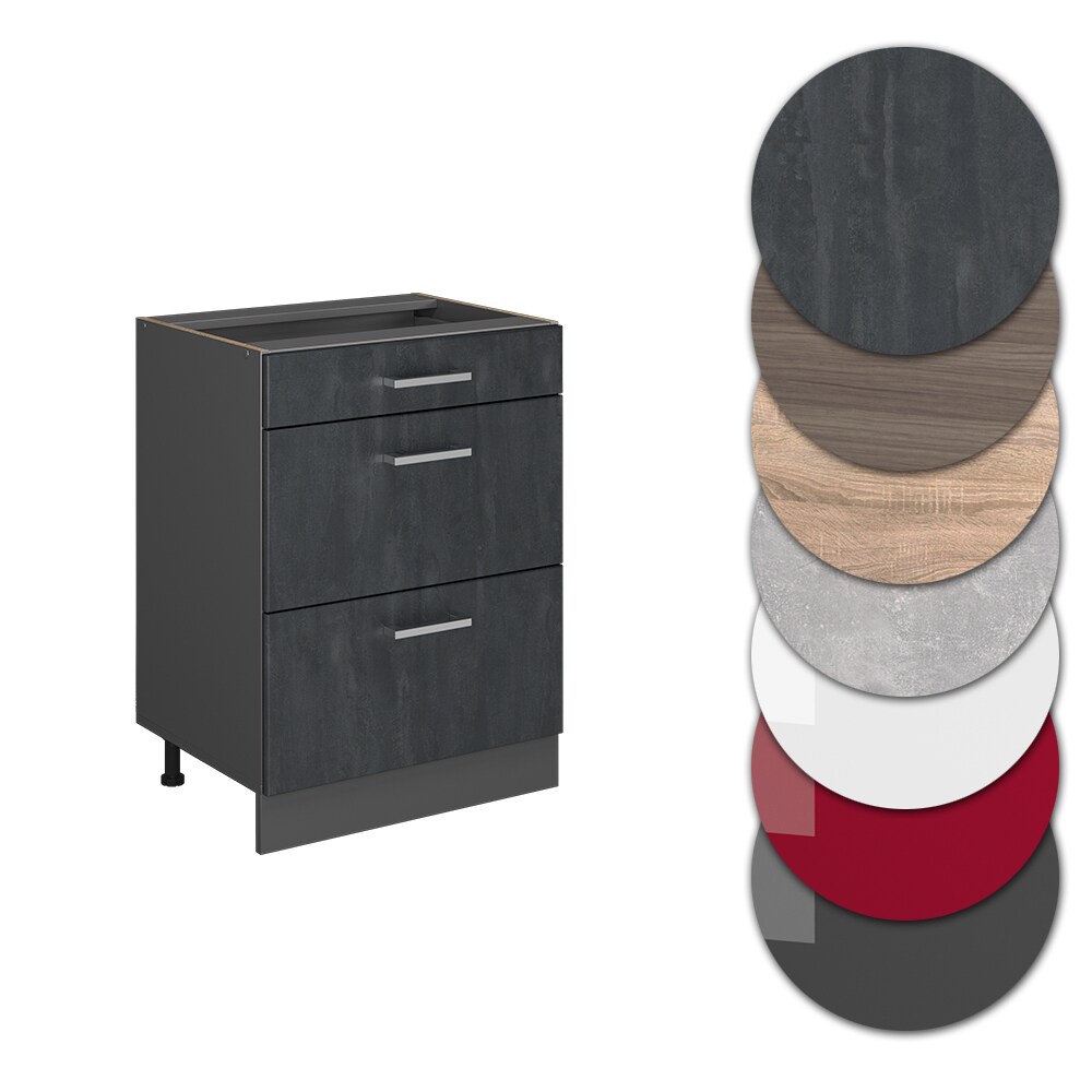 Vicco Schubladenunterschrank R-Line Schwarz Beton Anthrazit 60 cm mit Arbeitsplatte Eiche