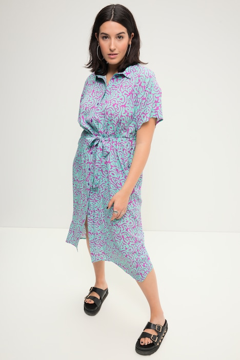Hemdblusen-Midikleid, oversized, zweifarbiger Print, Bindegürtel