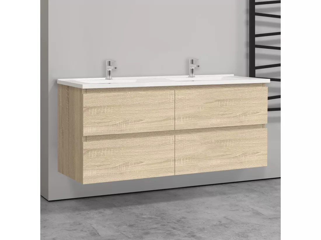 Meuble salle de bain naturel avec 4 tiroirs à une fermeture amortie avec deux vasques à suspendre 120x46x52(L*W*H)cm