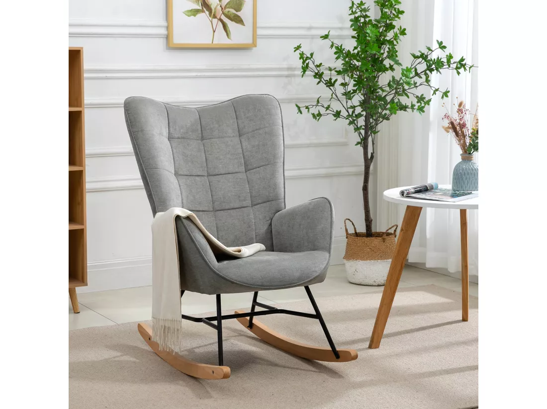MEUBLES COSY Fauteuil à Bascule Allaitement Scandinave Chaise Loisir et Repos en Tissu avec Pieds en E' Bois Métal pour Salon, Chambre, Massif, Gris, 66x84x97cm
