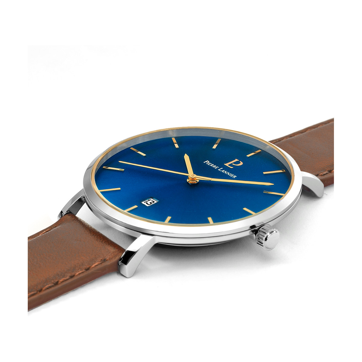 Montre Pierre Lannier homme acier bracelet cuir marron