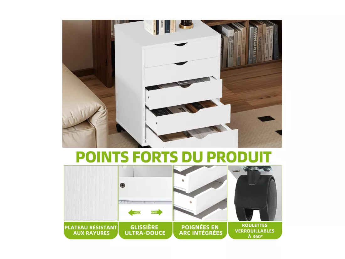 YITAHOME Armoire Mobile à 5 Tiroirs en Bois pour Documents A4, Format Lettre, Armoire de Classement Verticale Portable, Blanc