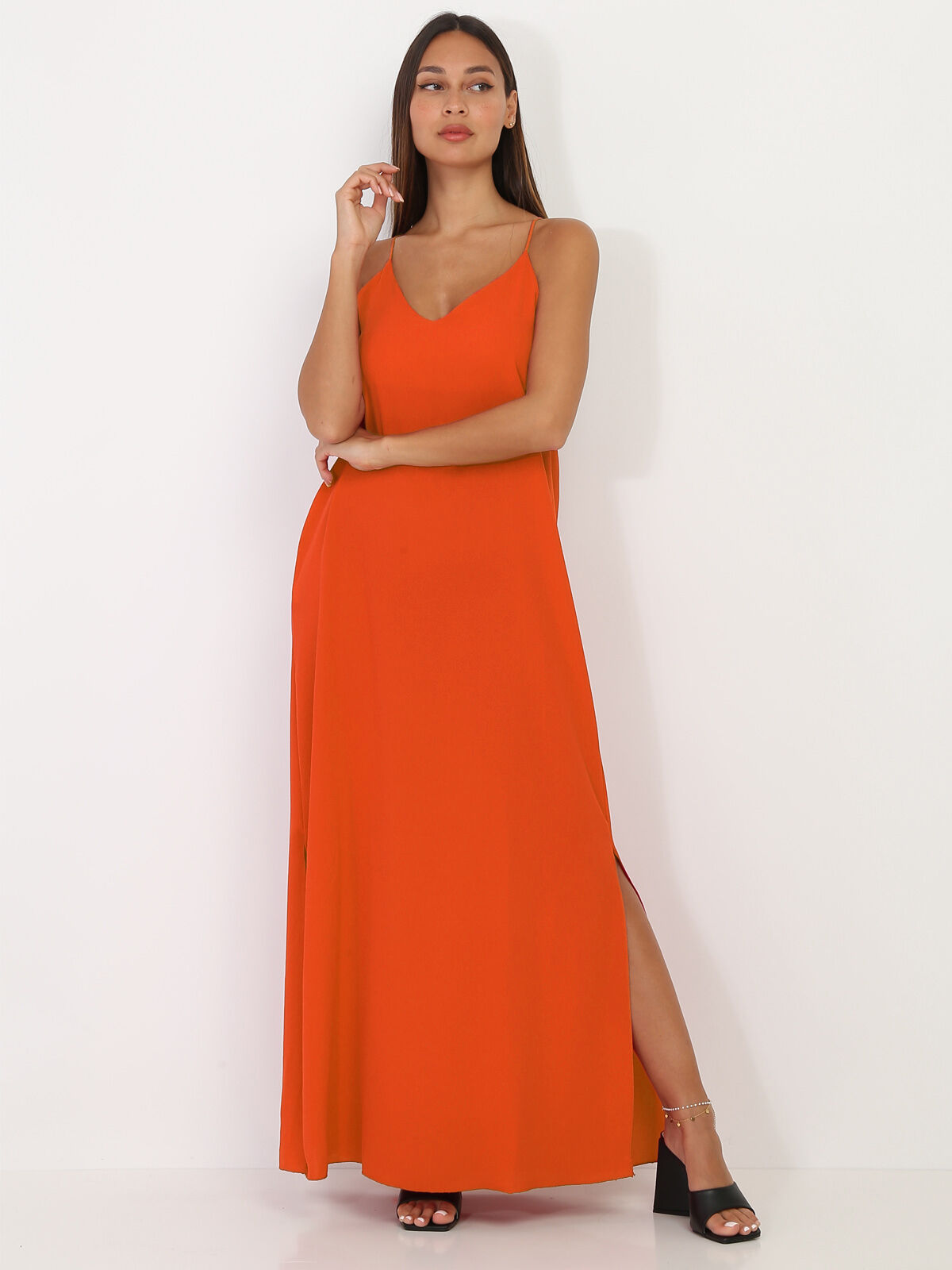 Robe longue fendue à dos croisé- orange