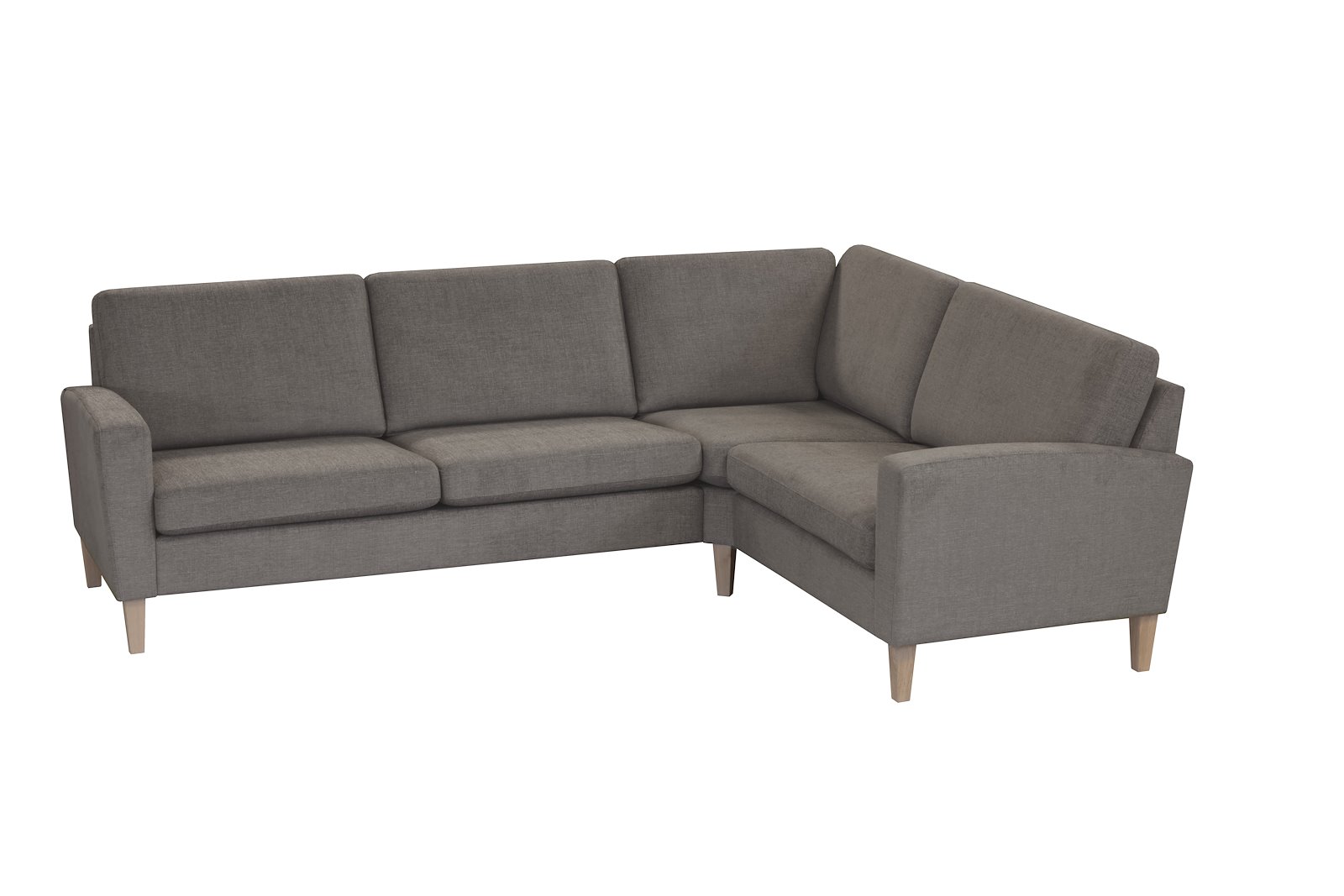 Noor Lux hjørnesofa 1,5 seter, hjørne og 2,5 seter i tekstil Milan Warm Grey, Vange 01 og med ben 20 røkfarget
