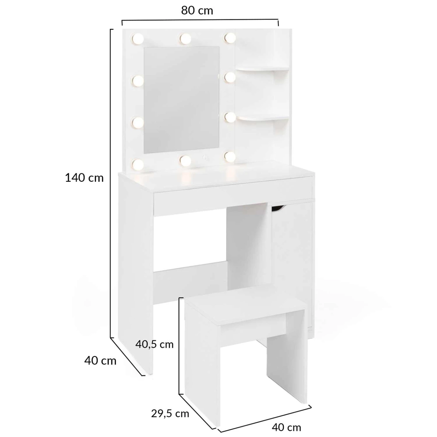 Coiffeuse ZELIA miroir LED avec 1 tiroir, étagères, caisson de rangement et tabouret