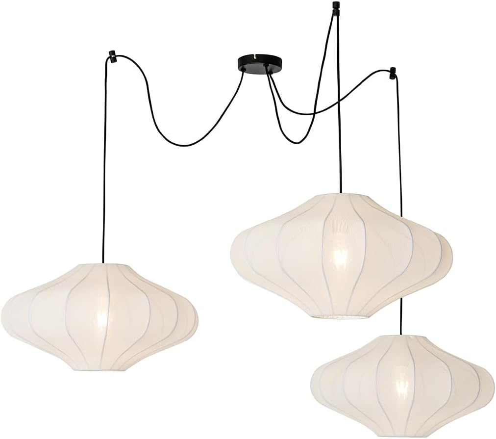 QAZQA - Japandi Japandi-Pendelleuchte I Pendellampe I Hängelampe I Pendellampe I Pendelleuchte I Lampe I Leuchte weiß 50 cm 3-flammig - Plu I Wohnzimmer I Schlafzimmer - Textil Rund - LED geeignet E27