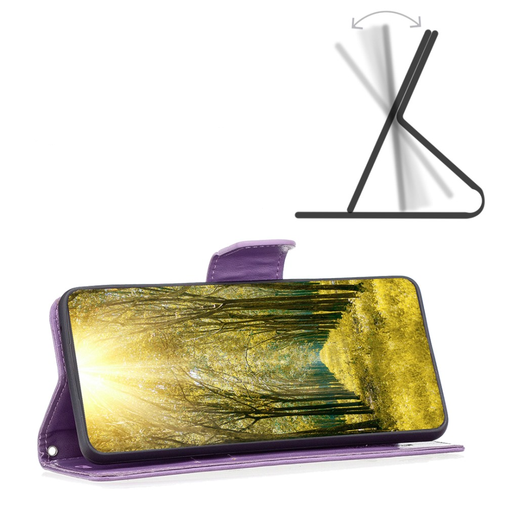 iPhone 15 Pro Leder Tasche mit Kartenfach   Handschlaufe Schmetterling - Lila