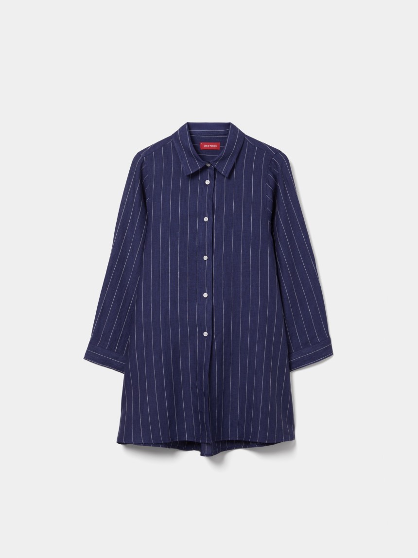 Camisa comprida em linho às riscas