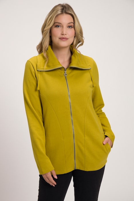 Sweatjacke, drapierter Stehkragen, Kunstleder-Details
