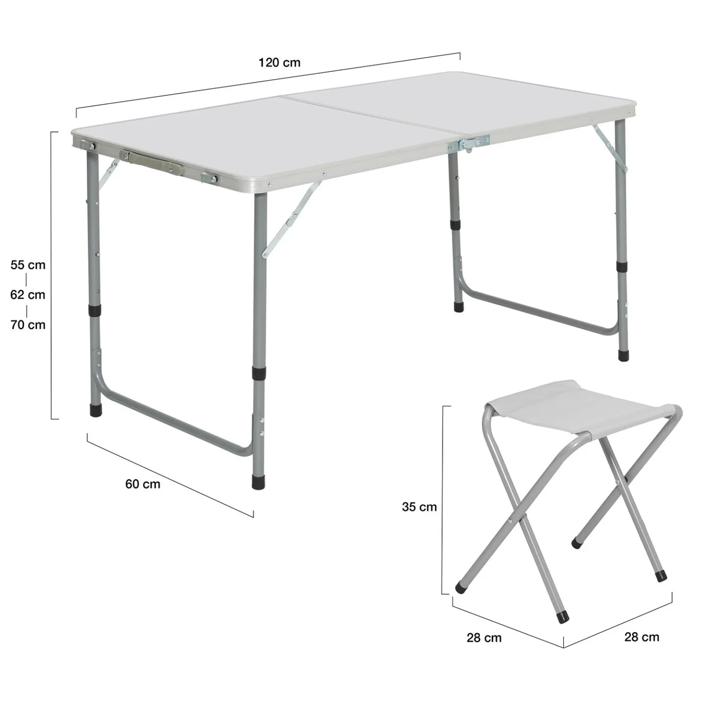 Table de camping pliante réglable en hauteur 120 cm et 4 tabourets blanc