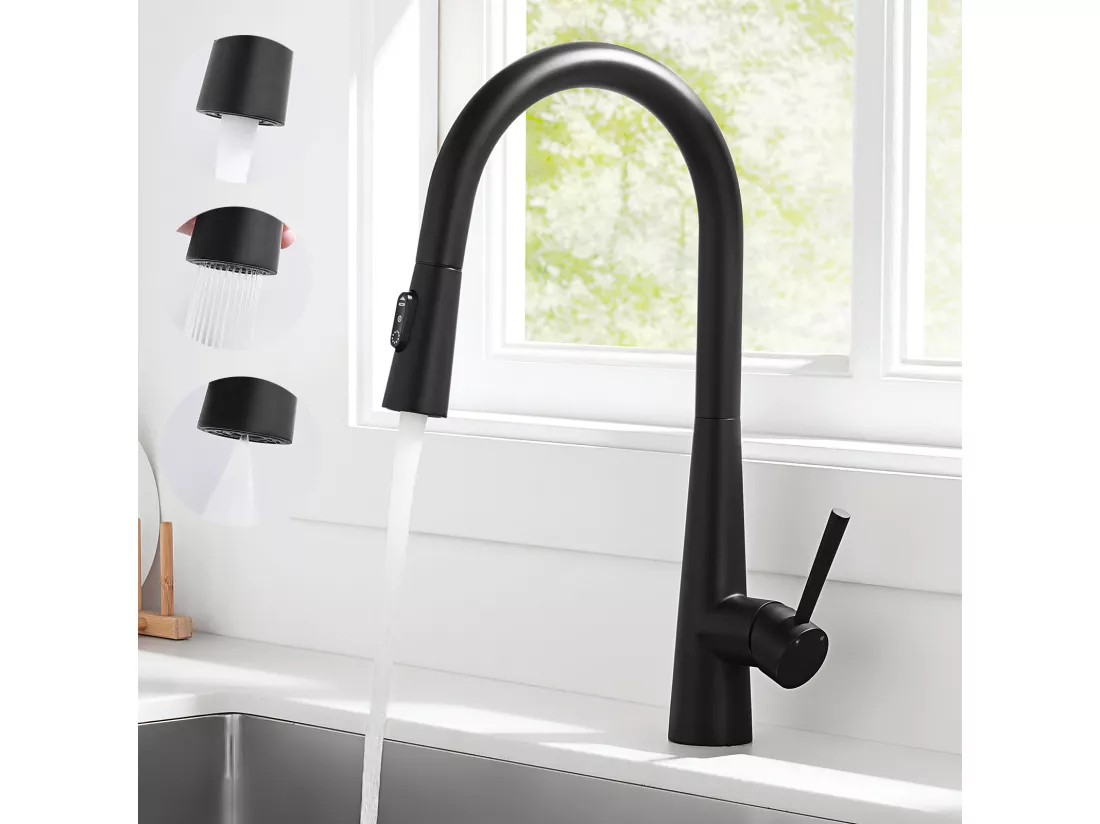 Cecipa max Évier Inox Évier 1 Bac 50×45 cm Évier de Cuisine en Nanomètres Noir + Mitigeur avec Douchette Extractible, 3 Modes de Sortie D'eau, Noir
