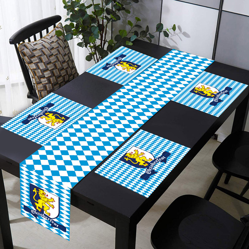 (5-tlg. Set) Oktoberfest Tischläufer   Tischsets Bayrische Teller Untersetzer Motto Party Dekoration - Blau / Weiss