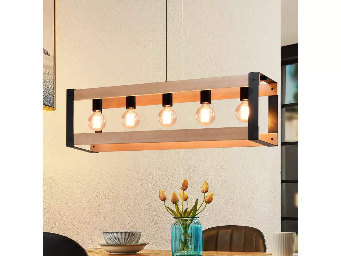 NETTLIFE Suspension lampe de salle à manger vintage en bois noire E27 5 flammes table à manger industrielle