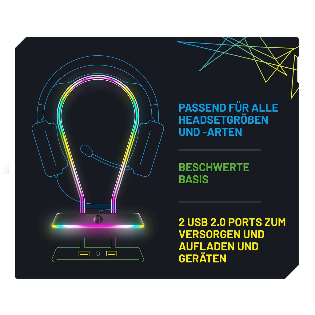 Stealth Gaming-Headset Zubehör »LED Headset Ständer mit USB Ports« 12 RGB Beleuchtungseffekte