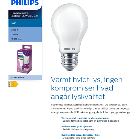 Phillips LED pære 75W - varmt hvidt lys