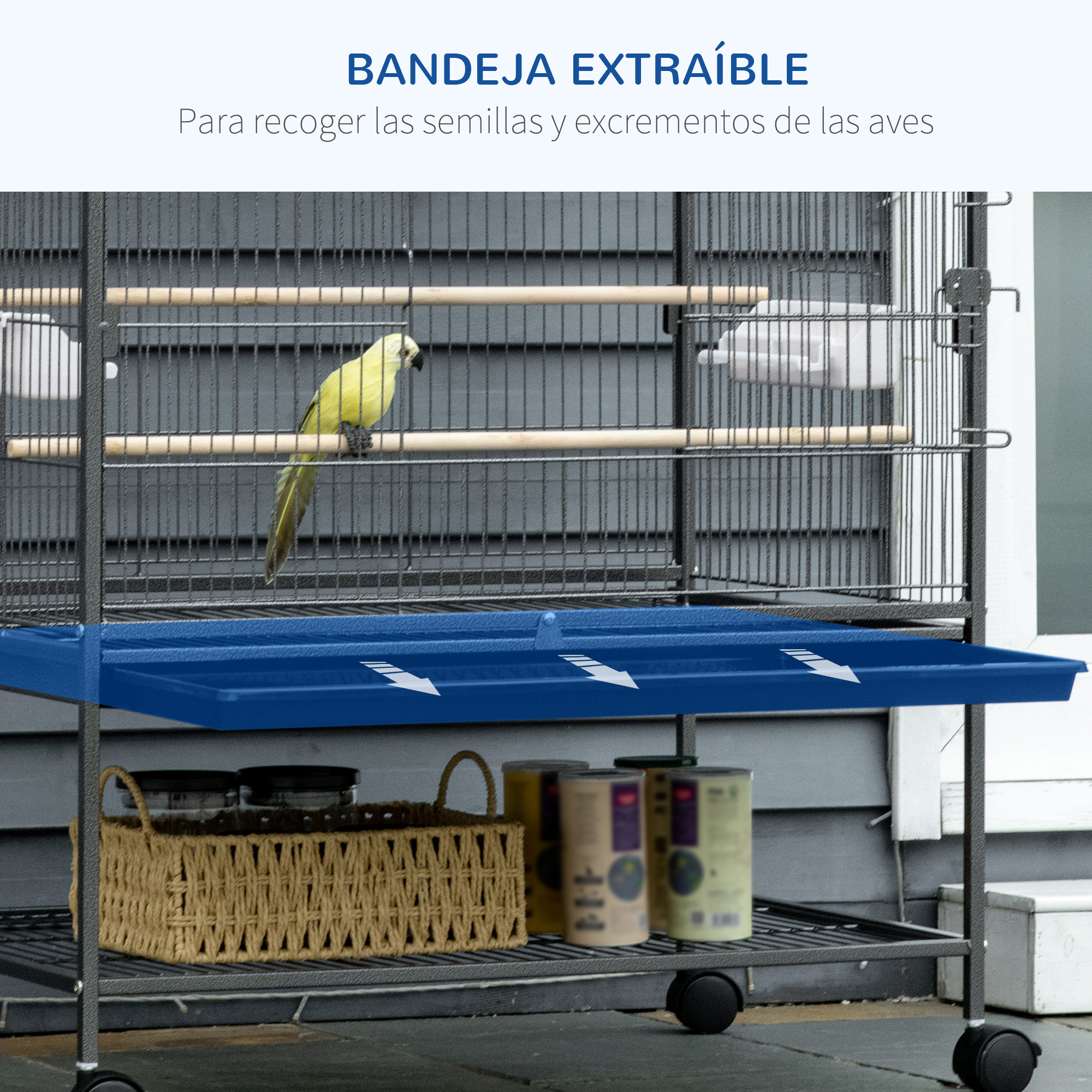 Gaiola para pássaros PawHut com rodas, viveiro de metal com bandeja removível, 4 portas, 4 comedouros, 4 poleiros e prateleira de armazenamento, gaiola para canários e periquitos, 78x52x132 cm, cinza escuro