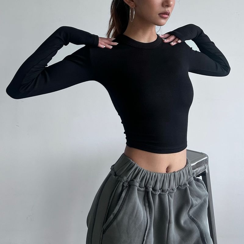 Hopsi - Lange mouwen mockneck / ronde hals effen cropped T-shirt