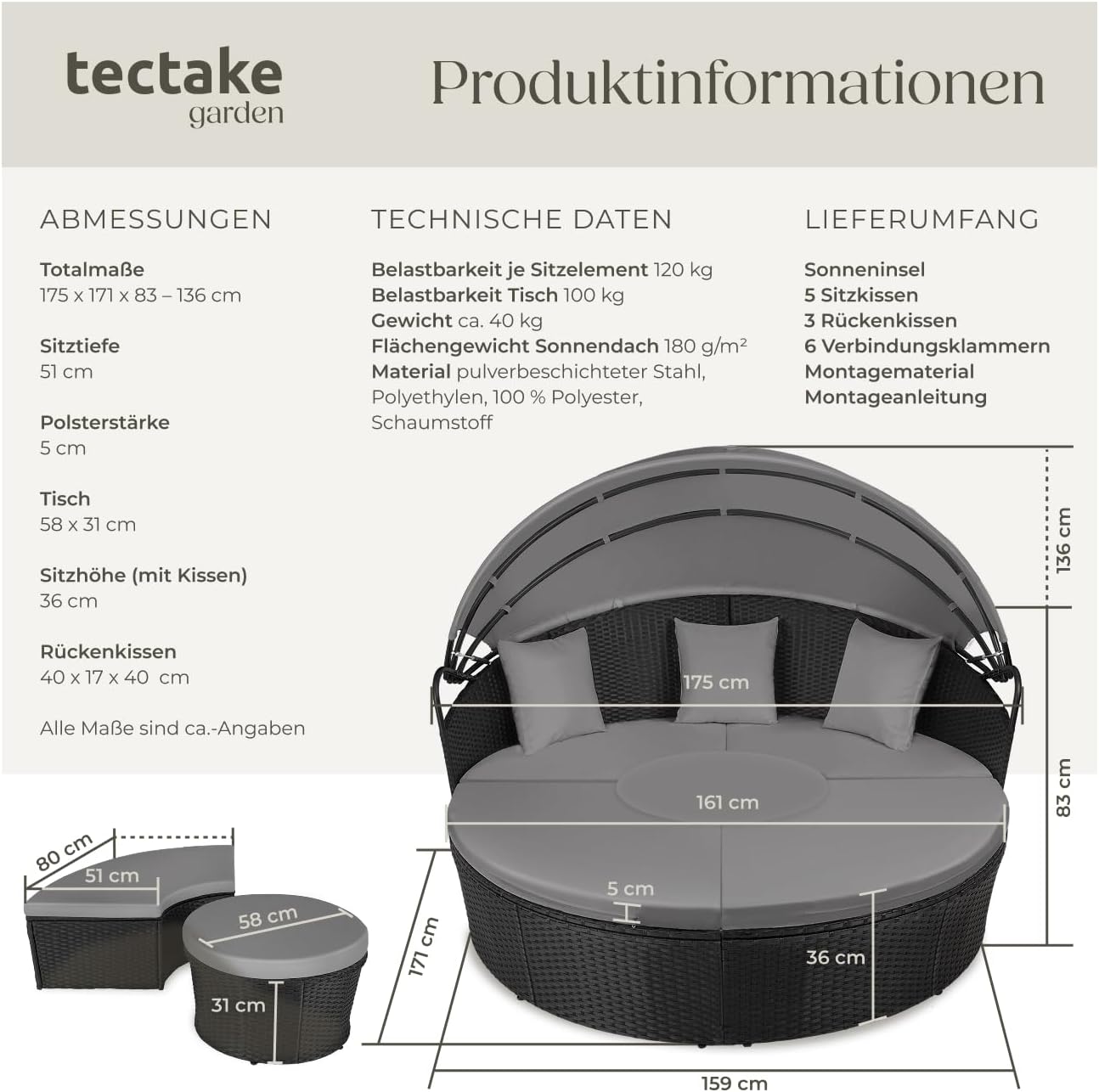 tectake® Lounge Muschel Sonneninsel Outdoor wetterfest, Gartenmuschel, Sonnenliege 2 Personen und mehr, multifunktionales Terrasse oder Balkon Möbel, Gartenliege wetterfest - schwarz