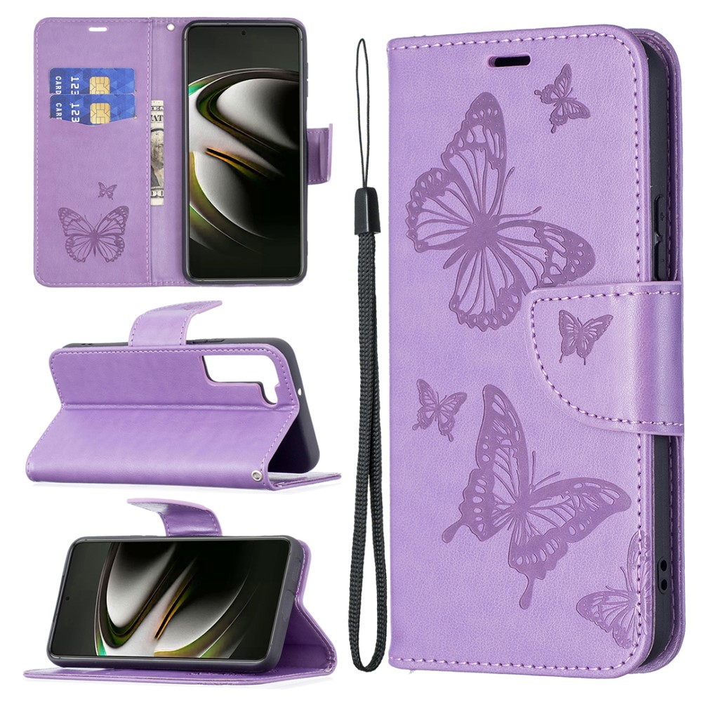Samsung Galaxy S22 5G Leder Tasche mit Kartenfach   Handschlaufe Schmetterling - Lila