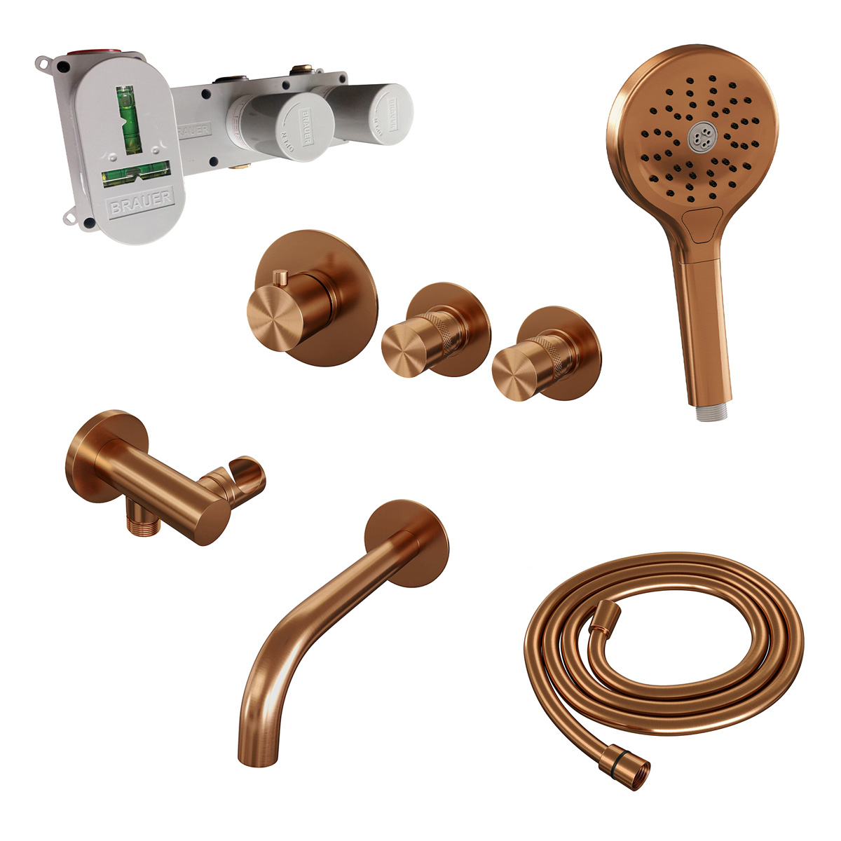 Brauer Copper Carving inbouw badkraan met 3 standen handdouche geborsteld koper PVD