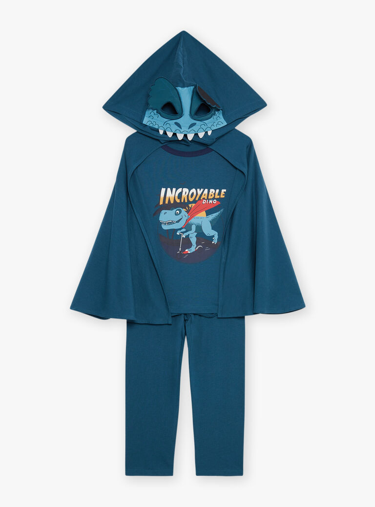 Pyjama deux pièces bleu canard en coton avec cape tête de dinosaure