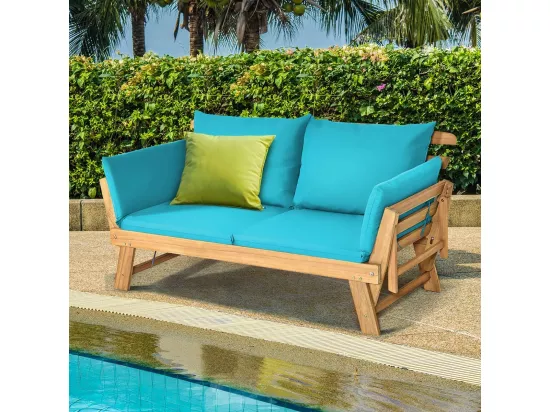 Canapé Lit de Jardin Convertible 2 Places en Bois d’Acacia avec Coussin, Canapé de Jardin 2 en 1 avec Accoudoir Réglable Charge 320KG, pour Patio Piscine (Bleu)