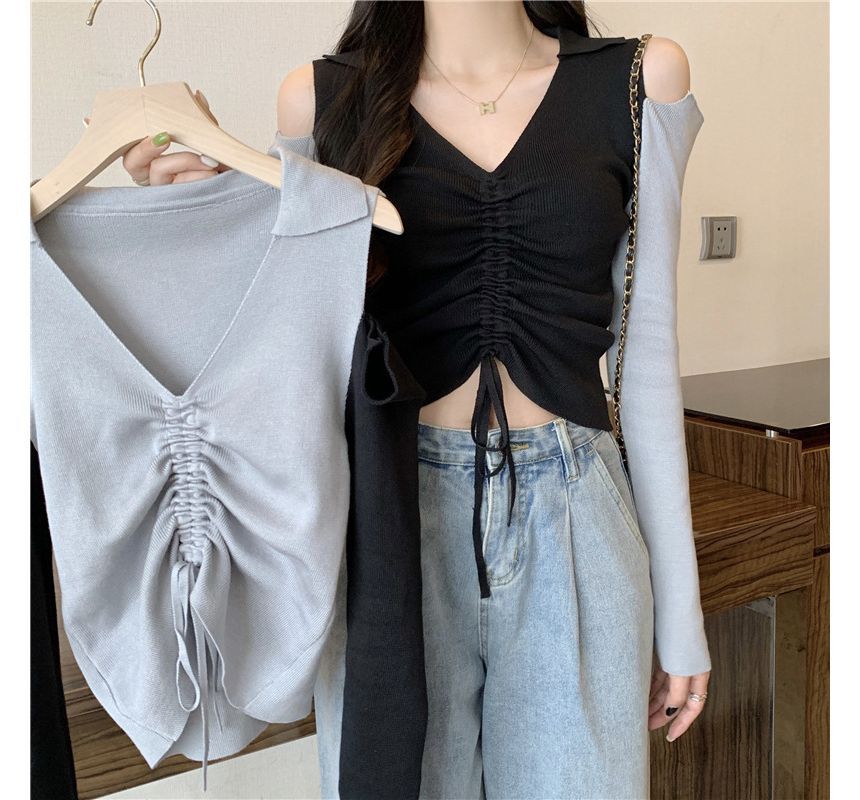 Allinya - Cold-Shoulder Two-Tone Long Sleeve V-neck Drawstring Crop Knit Top
