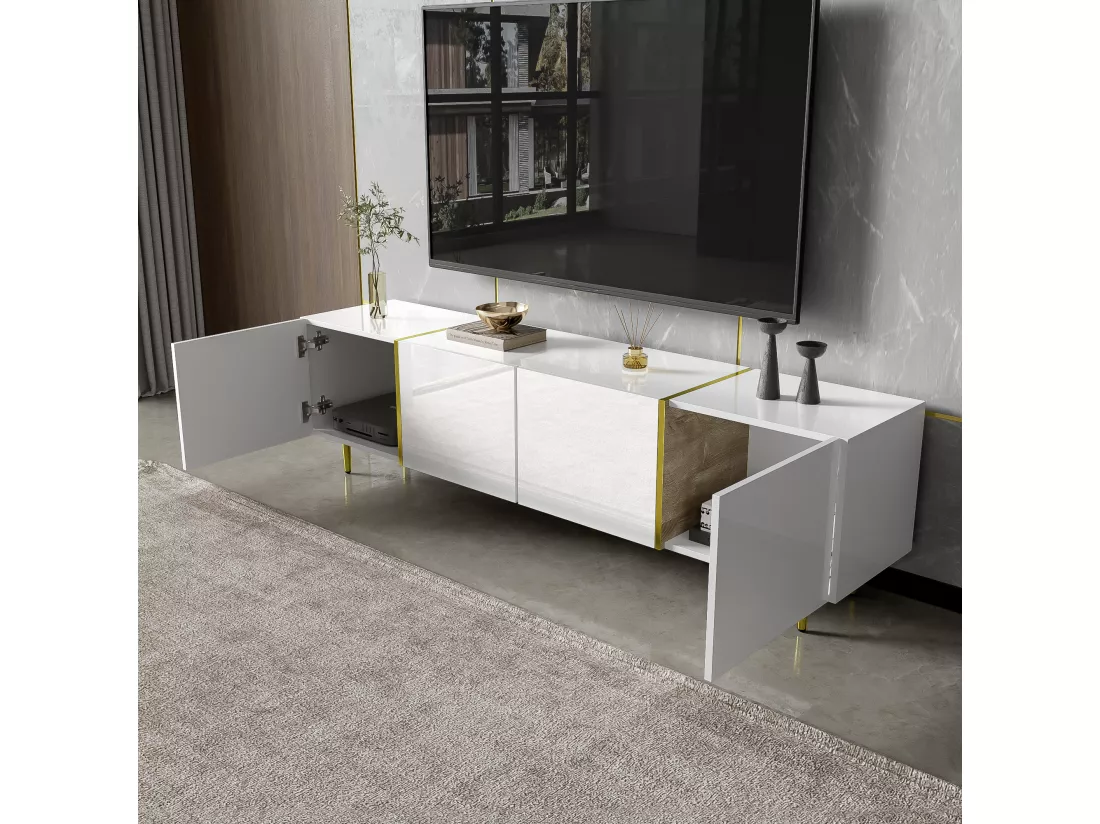 Meuble TV moderne avec 4 portes - 170 x 35 x 46 cm - Bois MDF - Blanc brillant et or