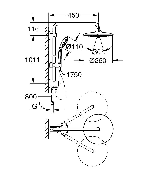 Colonne de douche sans robinetterie avec pommeau + douchette 3 jets + flexible + barre réglable, chrome, Grohe Vitalio Joy System 260