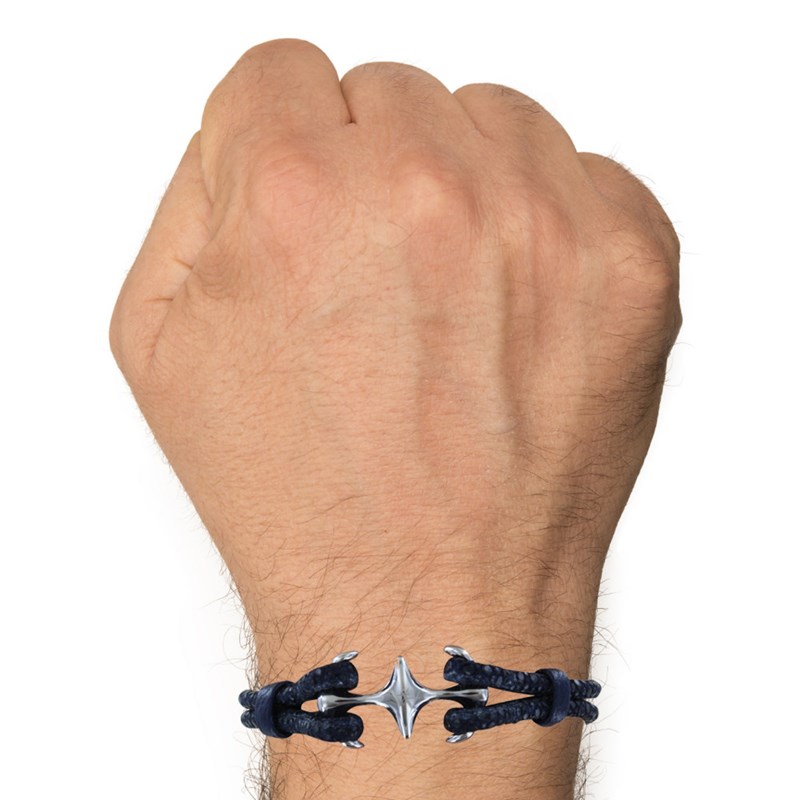 Bracelet Mixte en Argent Rhodié Double Ancre et Cuir - 20cm - Bleu Navy