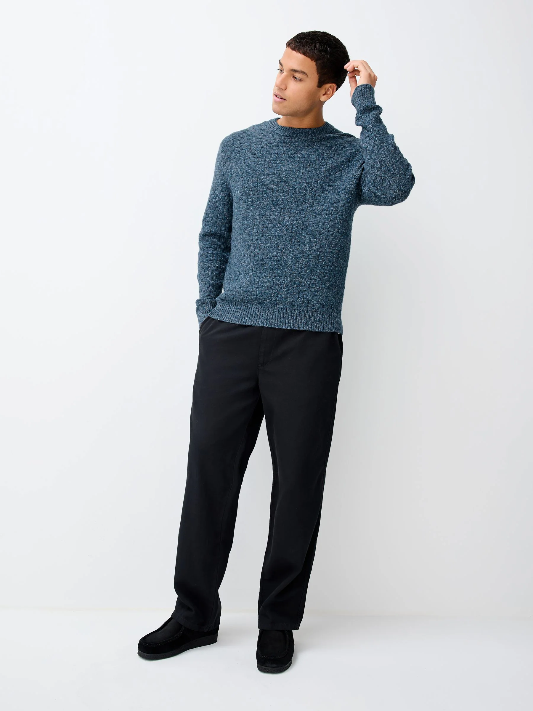 Blauw - Regular Fit Textured Crew Neck Knitted Jumper