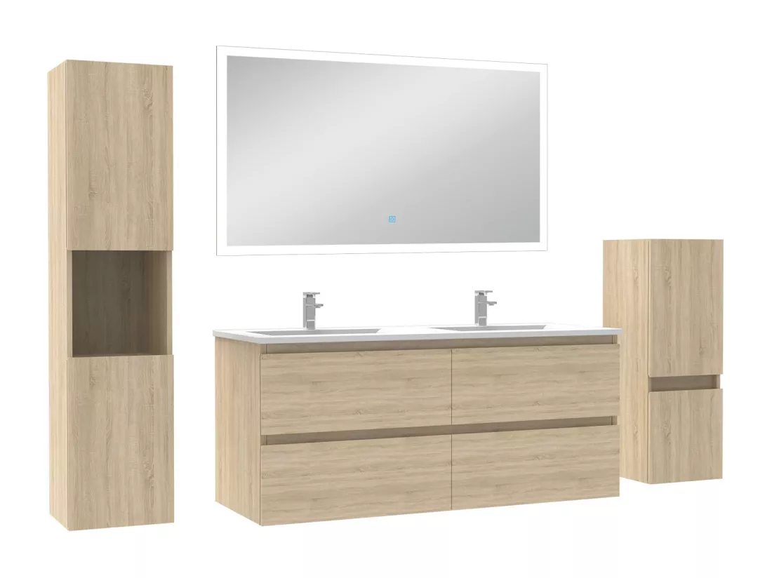 Ensemble meuble Salle de Bain 120cm avec double vasque et colonne et miroir lumineux dimmable chêne wotan