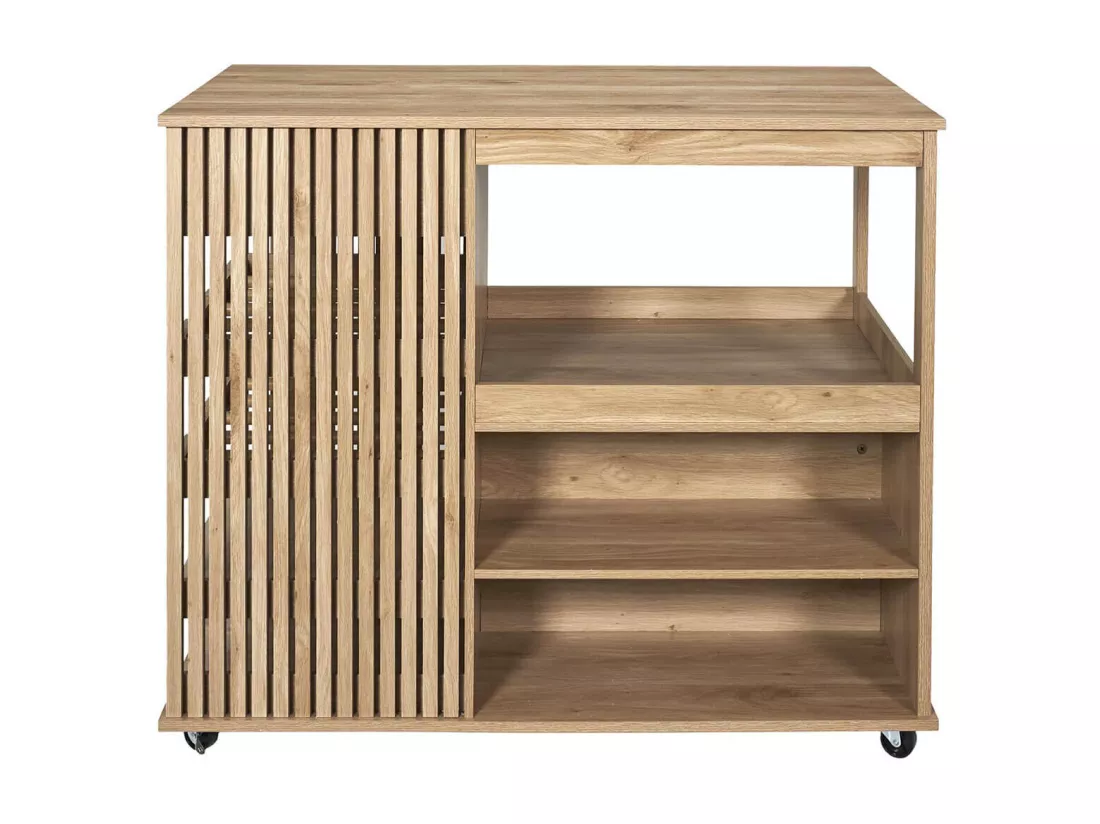 PAJAN - Ilot de Cuisine Multi-Rangement Effet Bois avec Tasseaux