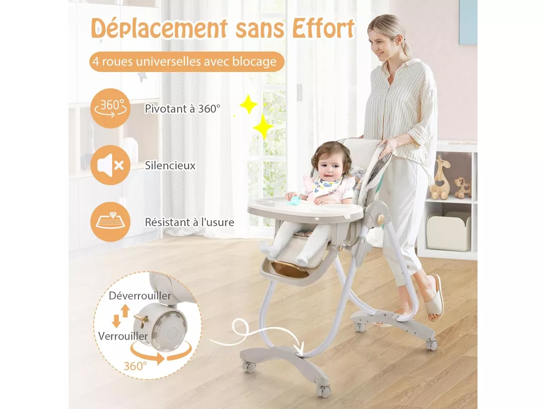 Chaise Haute Bébé Pliable, Chaise d’Alimentation Portable pour Tout-Petits avec Double Plateau, Siège Enfant avec Hauteur/Dossier/Repose-Pieds Réglables, Roue Verrouillable, 6-36 Mois (Gris)
