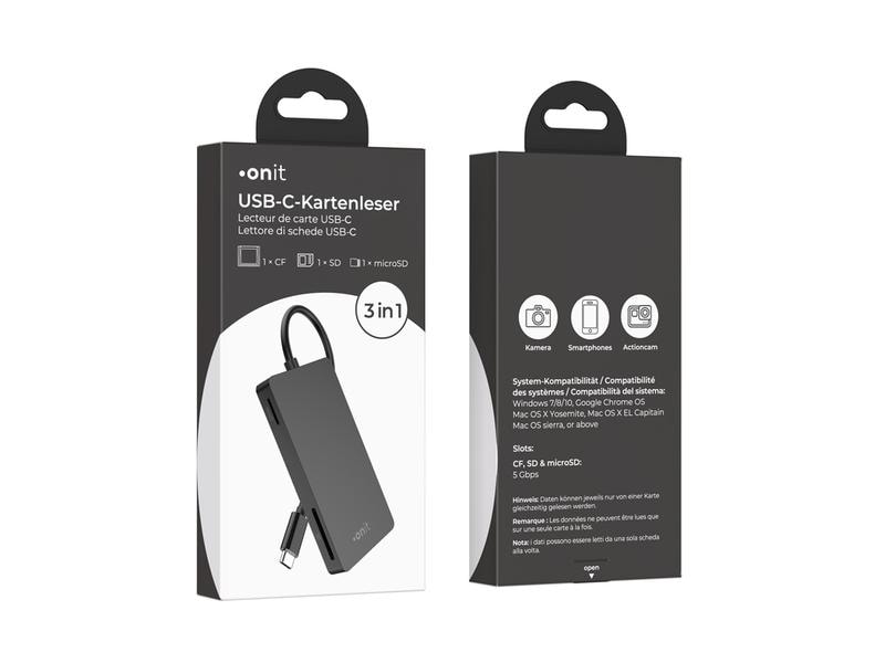 onit Card Reader Extern USB-C 3-in-1 Speicherkartenleser mit drei Slots