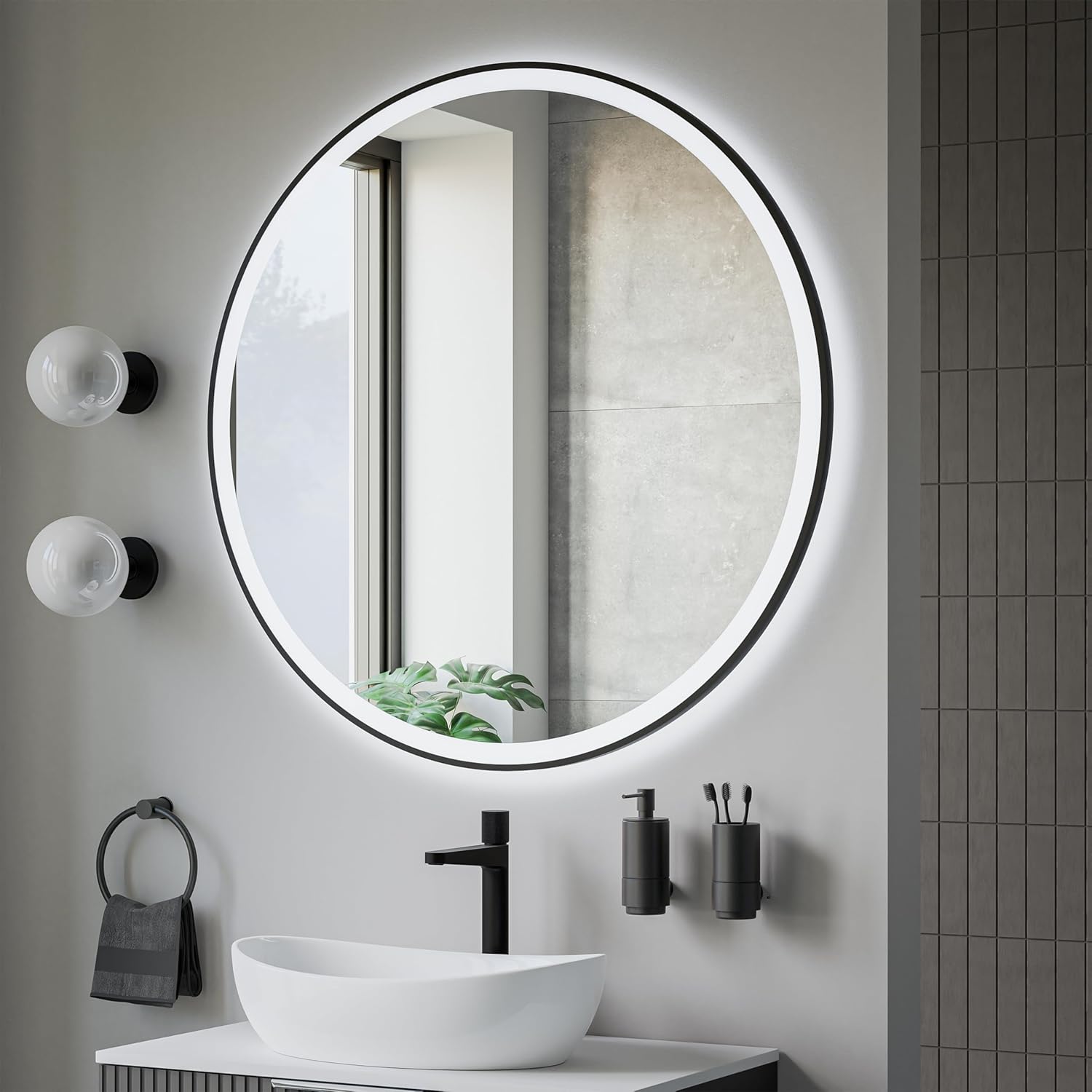 BERNSTEIN® LED Badezimmerspiegel 8232 2.0 rund mit Leichtmetallrahmen in Schwarz Wandmontage, Warm-/Kaltlichteinstellung Wandspiegel mit Sandbestrahltem Rand, Spiegel mit Aluminiumrahmen Ø 100cm